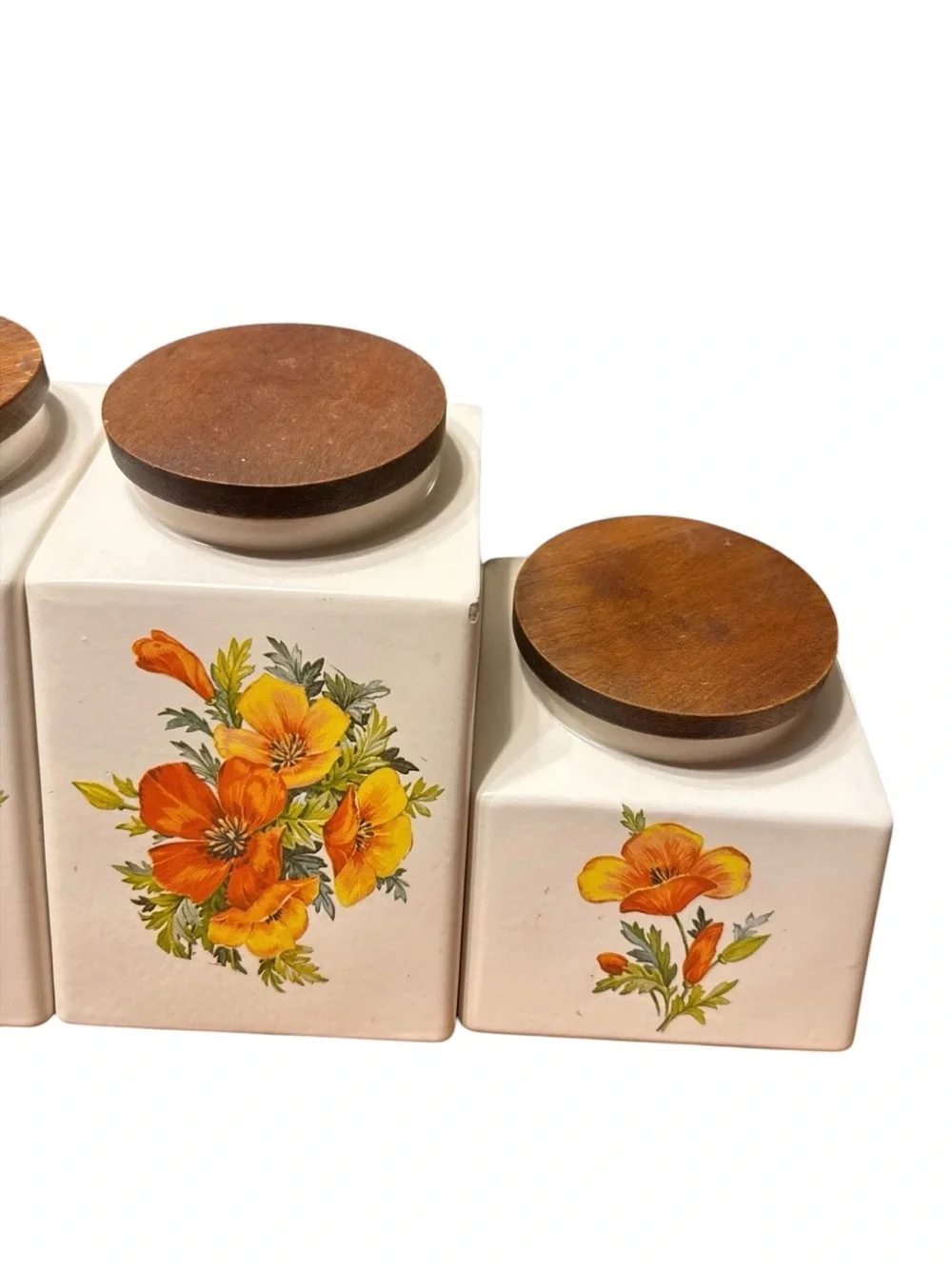 Vintage 1960s 1970s Set Of 3 Hyalyn USA Wooden Top Canister Set Grannycore